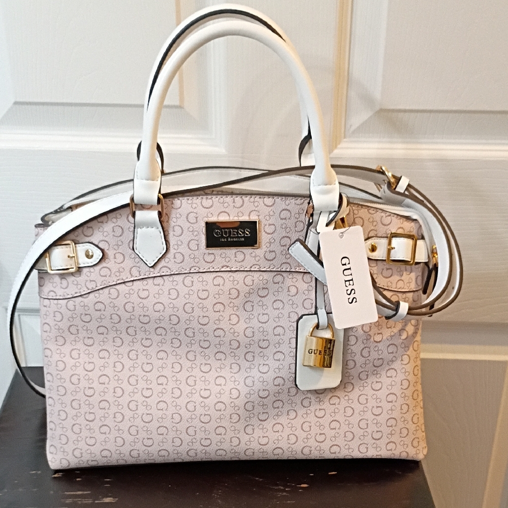 GUESS White & Pale Pink Signature Dome Satchel